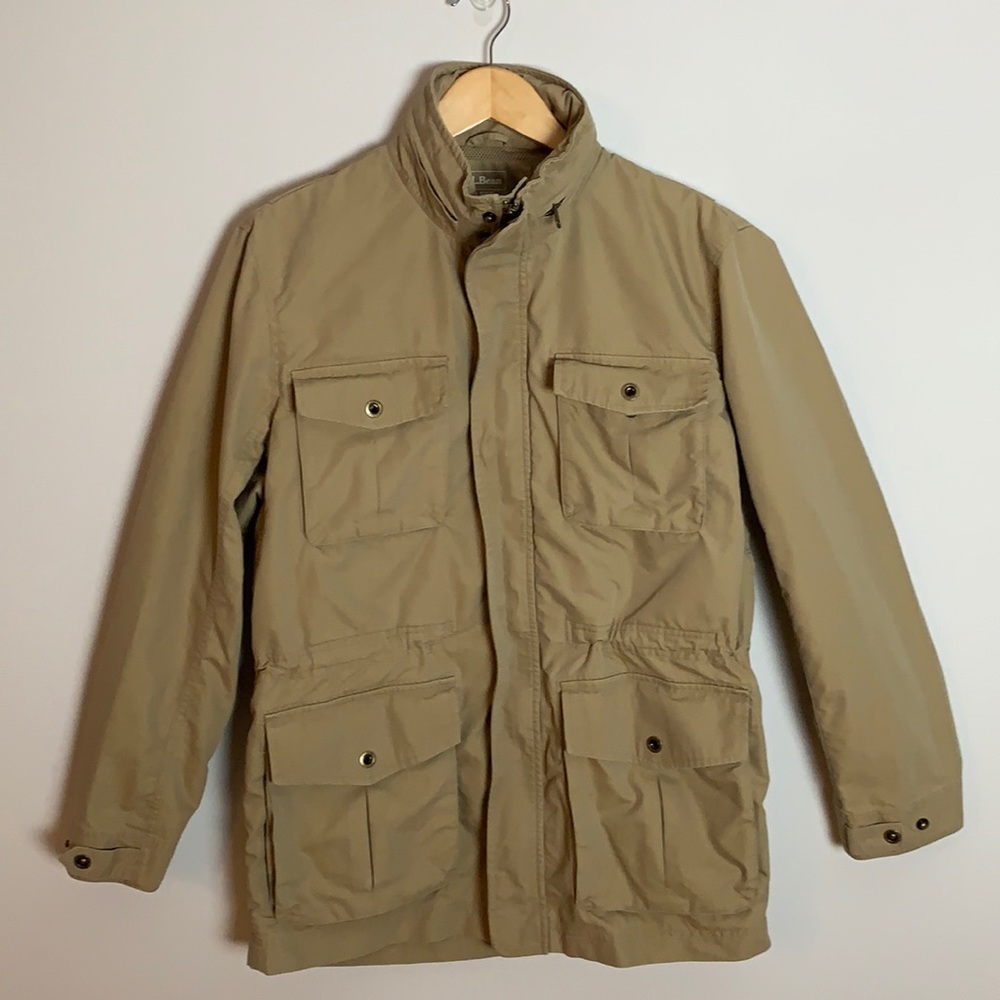 L.L. Bean Zip And Snap Front Hooded Anorak/Utility Jacket in Khaki Tan